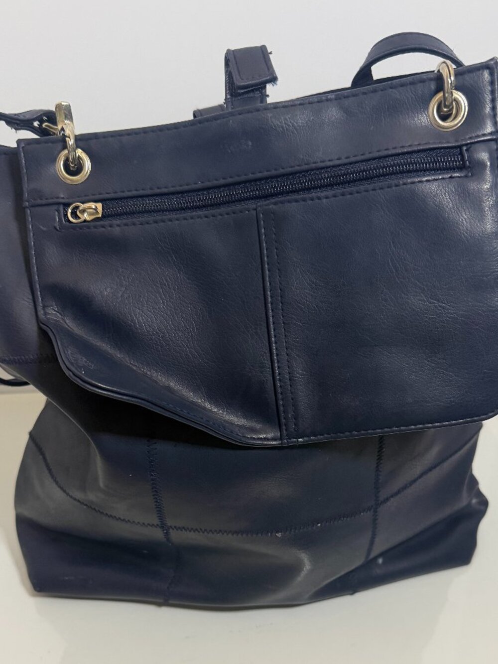 Navy Blue Leather Shoulder Tote